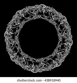 Vector vintage round frame from floral pattern on black background. Line art floral  circle  frame.