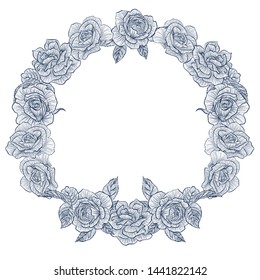 Vector vintage round frame with flowers roses. Illustration isolated on white background. Template for wedding and birthday card, invitation, greetings.