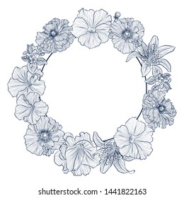 Vector vintage round frame with flowers poppies, petunias, lilies. Illustration isolated on white background. Template for wedding and birthday card, invitation, greetings.