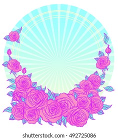 Vector Vintage Round Frame With Flowers. Floral Wreath. Wedding Card, Invitation, Greetings. Hipster Style, Pastel Goth, Vibrant Colors.