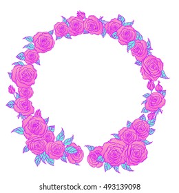 Vector vintage round frame with flowers. Floral wreath. Wedding card, invitation, greetings. Hipster style, pastel goth, vibrant colors.