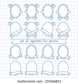 vector vintage round vignette / frame with ribbons for photographs on a plaid notebook sheet