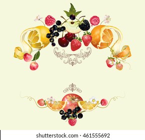 Vector vintage royal fruit and berry composition.Design for vegetarian menu,tea, ice cream, juice, jam, natural cosmetics, candy and bakery with fruit filling,health care products. With place or text