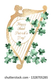 Vector vintage Saint Patrick's Day greeting card, holiday social media banner with faux gold foil textured harp and emerald green textured shamrocks isolated on white background.
