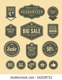 Vector vintage sale label set design elements Premium quality, discount, price illustrations.