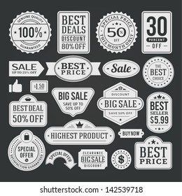 Vector vintage sale label set chalk design elements Premium quality, discount, price illustrations.