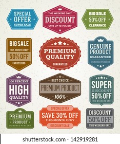 Vector vintage sale label set design elements Premium quality, discount, price illustrations.