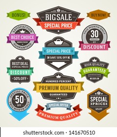 Vector vintage sale labels and ribbons set design elements Premium quality, discount, price illustrations.