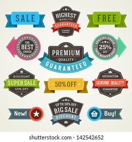 Vector vintage sale labels and ribbons set design elements Premium quality, discount, price illustrations.