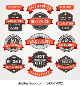 Vector vintage sale labels and ribbons set design elements Premium quality, discount, price illustrations. Vector vintage sale labels and ribbons set design elements Premium quality, discount, price illustrations.
