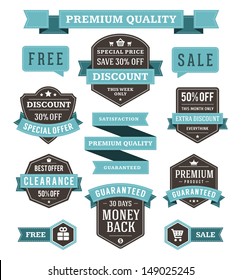 Vector vintage sale labels and ribbons set design elements Premium quality, discount, price illustrations. 