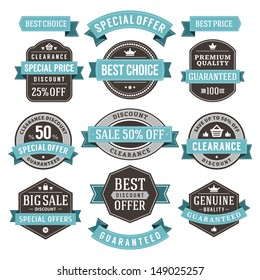 Vector vintage sale labels and ribbons set design elements Premium quality, discount, price illustrations. 