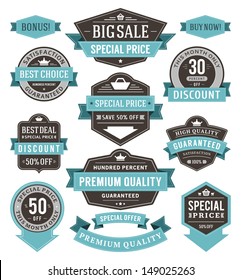 Vector vintage sale labels and ribbons set design elements Premium quality, discount, price illustrations. 