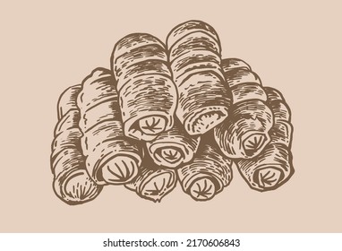 Salchichas vectoriales en doun , comida rápida en fondo de sepia 