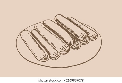 Vector vintage sausages on the plate isolated on sepia background, fast food
