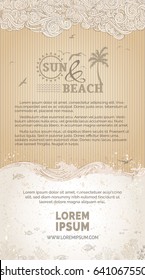 Vector vintage sea background. Clouds, waves, gulls and underwater life. Sketch of swirls, spirals, curls, waves and strokes. There is copyspace for text in the sky and undersea. Old paper background.