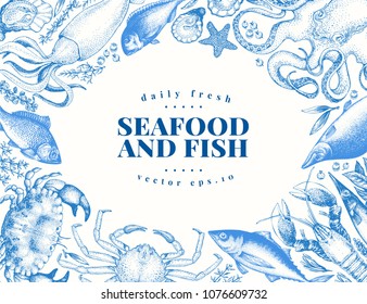 Vector vintage seafood and fish restaurant illustration. Hand drawn banner template. Can be use for restaurants, packaging, emblem business promote.