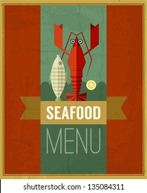 Vector vintage seafood menu poster with fish, lobster and lemon. Retro seafood poster with grunge background and ribbon. Seafood design template can be used for menu cover, flyer, sign etc.