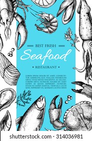 Vector Vintage Seafood Restaurant Flyer. Hand Drawn Banner. Great For Menu, Banner, Flyer, Card, Seafood Business Promote.