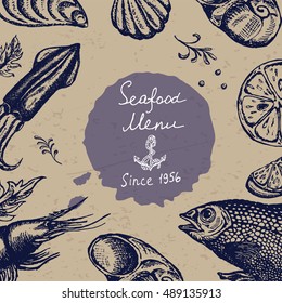 Vector vintage seafood restaurant flyer. Hand drawn banner. Great for menu, banner, flyer, card, seafood business promote.