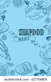 Vector vintage seafood restaurant flyer. Hand drawn banner. Great for menu, banner, flyer, card, seafood business promote.