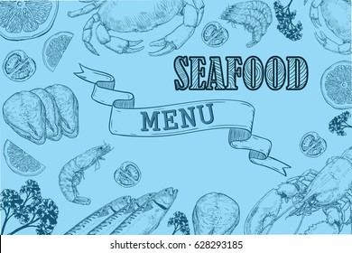 Vector vintage seafood restaurant flyer. Hand drawn banner. Great for menu, banner, flyer, card, seafood business promote.