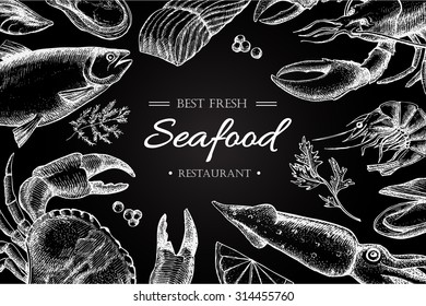 Vector vintage seafood restaurant illustration. Hand drawn chalkboard banner. Great for menu, banner, flyer, card, seafood business promote.