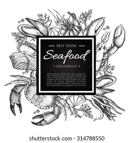 Vector Vintage Seafood Restaurant Illustration. Hand Drawn Banner. Great For Menu, Flyer, Card, Business Promote.