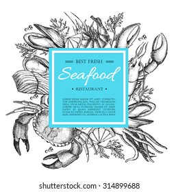 Vector Vintage Seafood Restaurant Illustration. Hand Drawn Banner. Great For Menu, Flyer, Card, Seafood Business Promote.