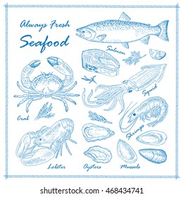 Vector vintage seafood restaurant illustration. Hand drawn chalkboard banner. Great for menu, banner, flyer, card, seafood business promote.