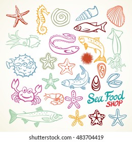 Vector vintage seafood restaurant illustration. Hand drawn chalkboard banner. Great for menu, flyer, card, business promote. art
