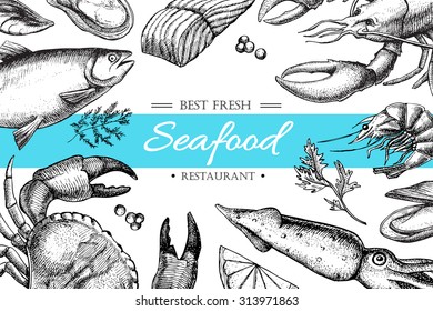 Vector Vintage Seafood Restaurant Illustration.Hand Drawn Banner. Great For Meny, Banner, Flyer, Card, Seafood Business Promote.