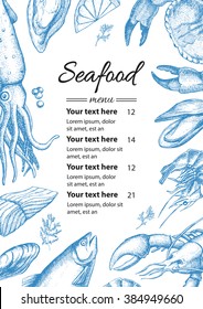Vector vintage seafood restaurant menu illustration. Hand drawn banner. Great for menu, banner, flyer, card, seafood business promote.