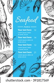 Vector Vintage Seafood Restaurant Menu Illustration. Hand Drawn Banner. Great For Menu, Banner, Flyer, Card, Seafood Business Promote.
