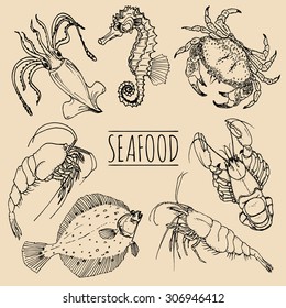 Vector vintage seafood sketches collection. Retro marine products drawings set. Hand drawn fish illustrations for restaurant, cafe menu, market ad.