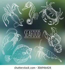 Vector vintage seafood sketches collection. Retro marine products drawings set. Hand drawn fish illustrations for restaurant, cafe menu, market ad.