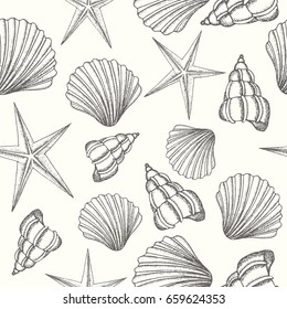 Vector vintage seamless background with hand drawn shells. Sketch. Pattern can be used for wallpaper, web page background, surface textures.
