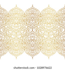Vector vintage seamless border for design template. Eastern style element. Golden outline floral decor. Luxury illustration for invitations, greeting card, wallpaper, web, background.