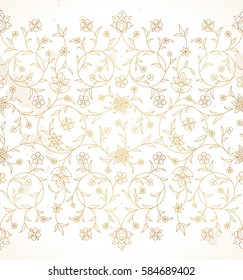 Vector vintage seamless border for design template. Eastern style element. Golden outline floral decor. Luxury illustration for invitations, greeting card, wallpaper, web, background.