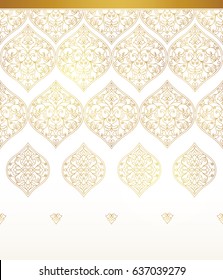 Vector vintage seamless border for design template. Eastern style element. Golden outline floral decor. Premium illustration for greeting card, ornate wallpaper, web, luxury background.