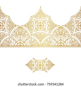 Vector vintage seamless border for design template. Eastern style element. Golden outline floral decor. Luxury illustration for invitations, greeting card, wallpaper, web, background.