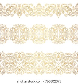 Vector vintage seamless border for design template. Eastern style element. Golden outline floral decor. Luxury illustration for invitations, greeting card, wallpaper, web, background.