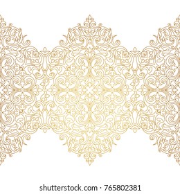 Vector vintage seamless border for design template. Eastern style element. Golden outline floral decor. Luxury illustration for invitations, greeting card, wallpaper, web, background.