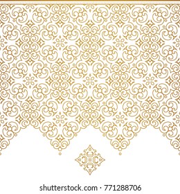 Vector vintage seamless border for design template. Eastern style element. Golden outline floral decor. Luxury illustration for invitations, greeting card, wallpaper, web, background.