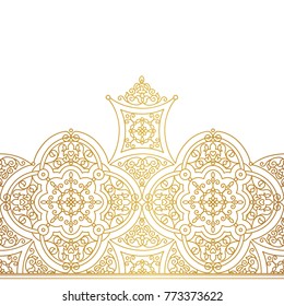 Vector vintage seamless border for design template. Eastern style element. Golden outline floral decor. Luxury illustration for invitations, greeting card, wallpaper, web, background.