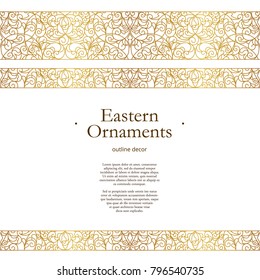 Vector vintage seamless border for design template. Eastern style element. Golden outline floral decor. Luxury illustration for invitations, greeting card, wallpaper, web, background.
