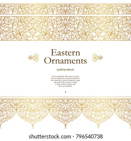 Vector vintage seamless border for design template. Eastern style element. Golden outline floral decor. Luxury illustration for invitations, greeting card, wallpaper, web, background.