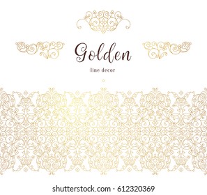 Vector vintage seamless border, vignettes for design template. Eastern style element. Golden outline floral decor. Premium illustration for invitations, greeting card, wallpaper, web, background.