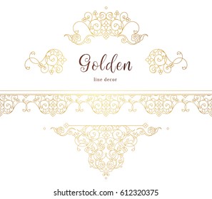 Vector vintage seamless border, vignettes for design template. Eastern style element. Golden outline floral decor. Premium illustration for invitations, greeting card, wallpaper, web, background.