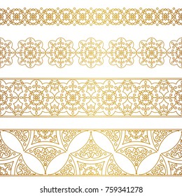 Vector vintage seamless borders for design template. Eastern style element. Golden outline floral decor. Luxury illustration for invitations, greeting card, wallpaper, web, background.